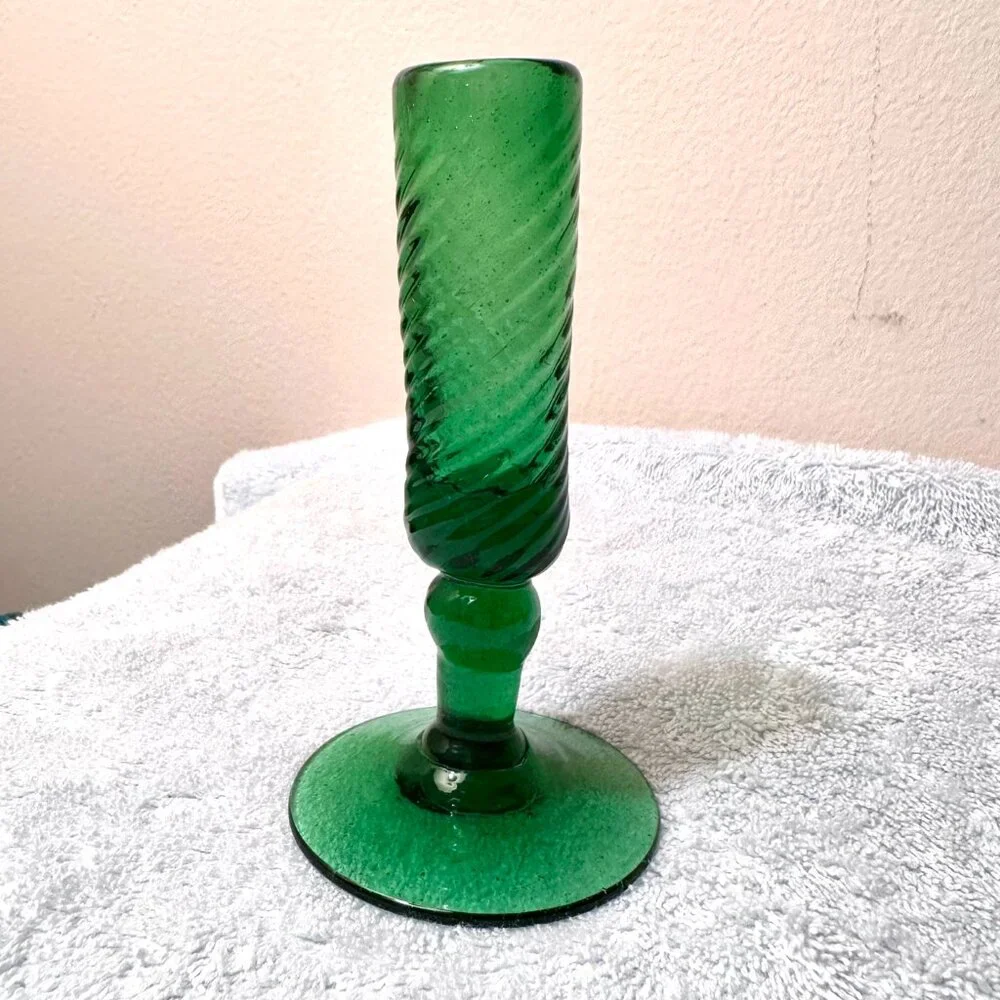 Vintage  green colored hand blown swirled glass flower bud vase
